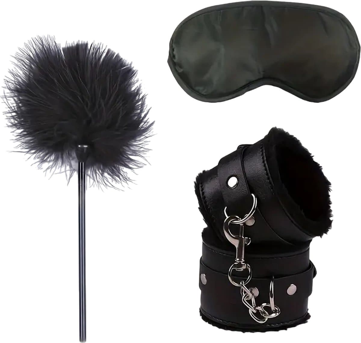 LekkerStout Bondage Beginners Set - Handboeien, Blinddoek, Kietelveren - Zwart - BDSM Toys | ( LS121 ) — afbeelding 1
