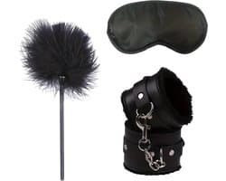 LekkerStout Bondage Beginners Set - Handboeien, Blinddoek, Kietelveren - Zwart - BDSM Toys | ( LS121 )