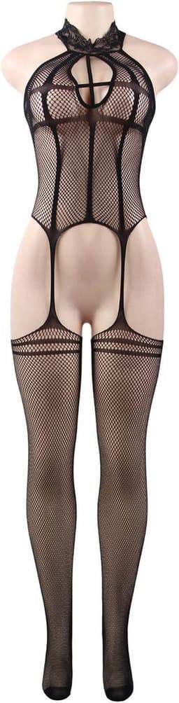 Sexy Lingerie - Erotische Catsuit met Open kruis en blote rug - Jarretel met Netkousen - Bodysuit - Bodystocking - Visnet - Sexy Teddy - Fishnet - Erotiek - Kleur Zwart - PLUS SIZE - Maat L-XXL — thumbnail 17