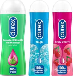 Durex - 3 Glijmiddelen - Waterbasis - Massage Olie en Glijmiddel 2/1 Aloë Vera 200ml - Play Tingle Gel 100ml - Crazy Cherry met Smaak Kers 100ml — thumbnail 1