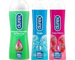 Durex - 3 Glijmiddelen - Waterbasis - Massage Olie en Glijmiddel 2/1 Aloë Vera 200ml - Play Tingle Gel 100ml - Crazy Cherry met Smaak Kers 100ml