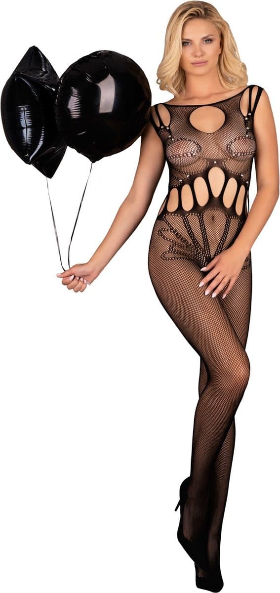 Livco Corsetti - Erotische Bodystocking / Catsuit met Open Kruis - Sexy Lingerie - Erotische Lingerie - Maat S t/m L - Amahil - Zwart - S/M — afbeelding 1