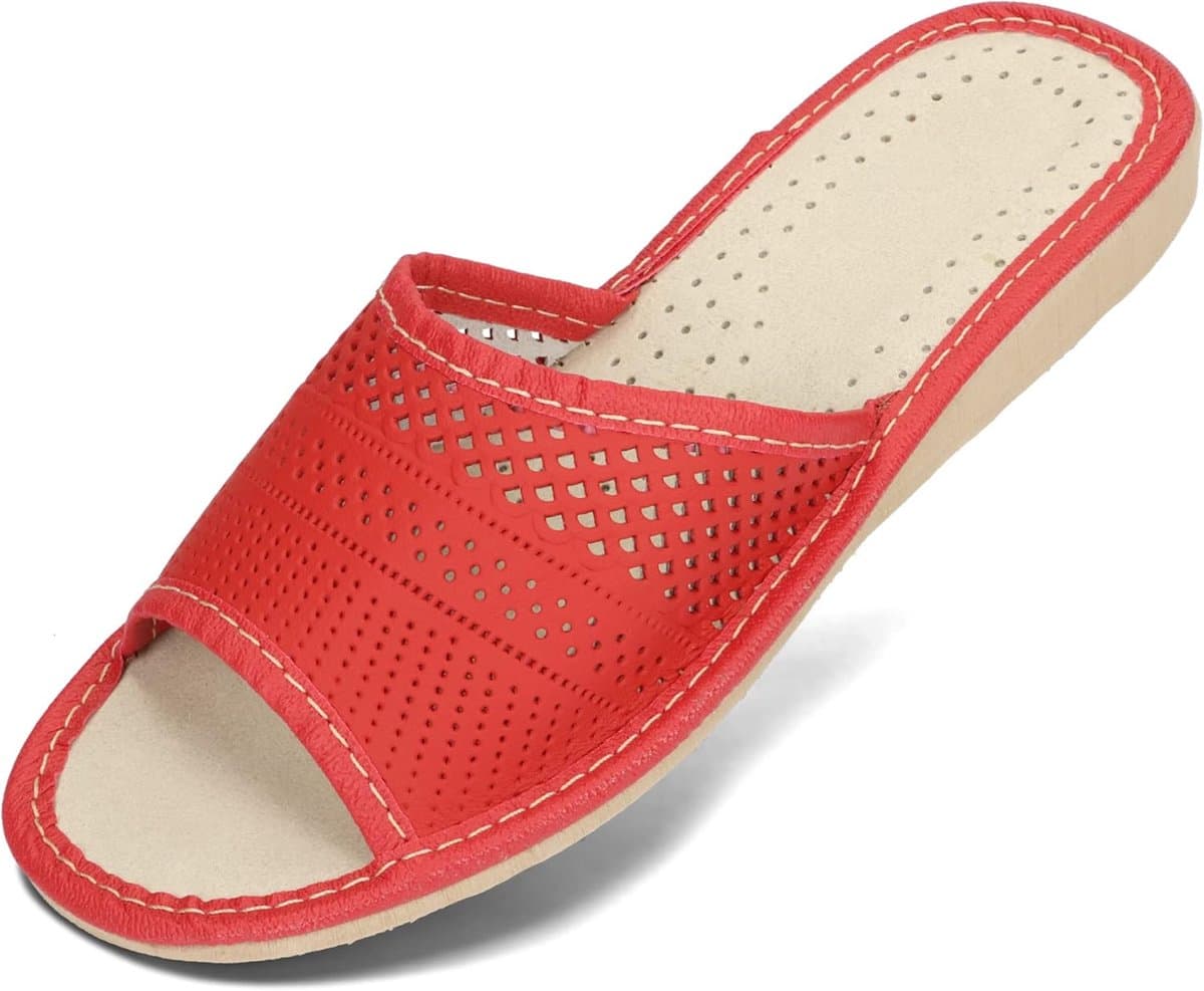 Dames Slippers Echt Leer Open Teen Zomer Zacht Voetbed Verschillende Kleuren — afbeelding 1
