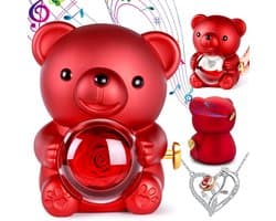 Rozenbeer met Ketting - Bloemenbeer Cadeau - Romantisch Verrassen - Met Muziekdoos - 12 x 11 x 16 cm - Rood
