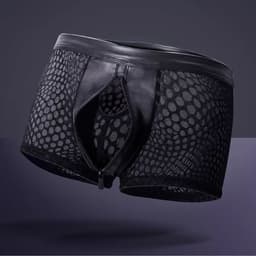 Zwarte Low Rise Heren Boxer met Rits – Ademend Mesh & PU-Leren Front – Sexy Stretch Ondergoed voor Mannen- Maat XXL — thumbnail 3