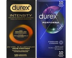 Durex - 20 stuks Condooms - Intensity 10st Nieuwste generatie ultradun, gedeelde lichaamswarmte - Performa 10 st vertragende effect - Voordeelverpakking