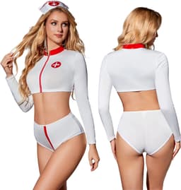Sexy Verpleegster Kostuum - 3-Delig Zuster Lingerie Pakje - Wit & Rood - Rollenspel / Cosplay / Roleplay - Zuster / Dokter / Arts / Verpleegster - Slip, Haarband & Top - Maat S — thumbnail 1