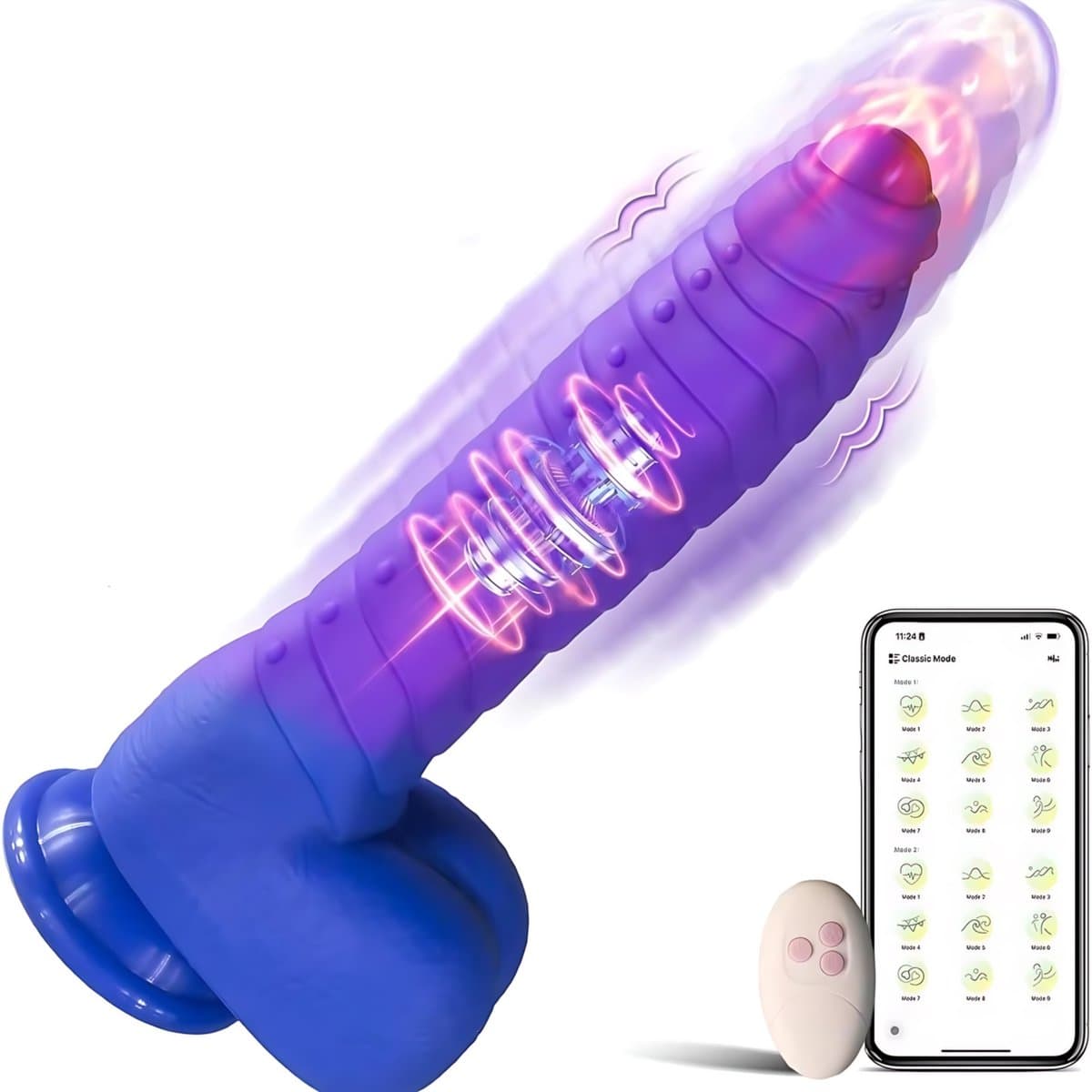 SF Toys Verwarmbare Dildo met Zuignap - Met Afstandsbediening - 5 Bewegingsstanden - 3 Vibratiestanden - IPX6 Waterdicht - Paars — afbeelding 1