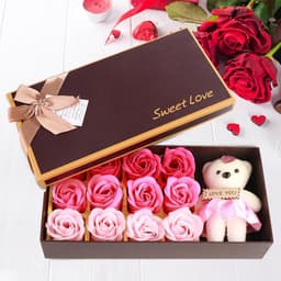 Bloemen Zeepboeket - Kunstbloemen Cadeau - Romantisch Geschenk - Met Knuffelbeer - 160g - Roze — thumbnail 2