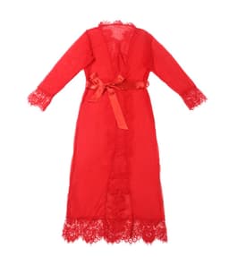Zeloria Lange Mesh Kimono met Kant – Transparante Lingerie Robe met Ceintuur – Rood– XL/XXL — thumbnail 8
