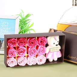 Rozenbloem Pluche Beer - Romantisch Cadeau - Cadeau Geven - Zeepbloemen Met Beer - 24 x 12 x 5 cm — thumbnail 3