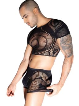 Transparante Visnet Body voor Heren - 2-delig - Sexy Mesh Set - Incl. Zwarte Kruis-Tepelstickers - One Size S-L | LekkerStout | ( LS326 ) — thumbnail 5