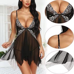 Valentijnsdag Lingerie Dames - Kant Nachtjurk met V-Hals - Sexy & Comfortabel - Voor Nacht & Romantiek - Babydoll - Zwart - XL - 1 stuk — thumbnail 2