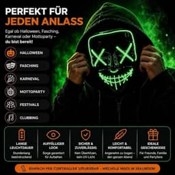 LED Halloween-masker in Purge-stijl, regelbare verlichting en oplichtend gezicht – Kostuum voor heren en dames voor Halloween, carnaval en verkleedfeesten (kleurenkeuze) — thumbnail 2