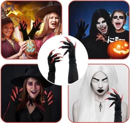 1 paar Halloween lange rode vingernagels handschoenen party kostuum lange nagels spookpoot heks duivel poot handschoenen voor kostuum Halloween party cosplay (zwart) — thumbnail 3