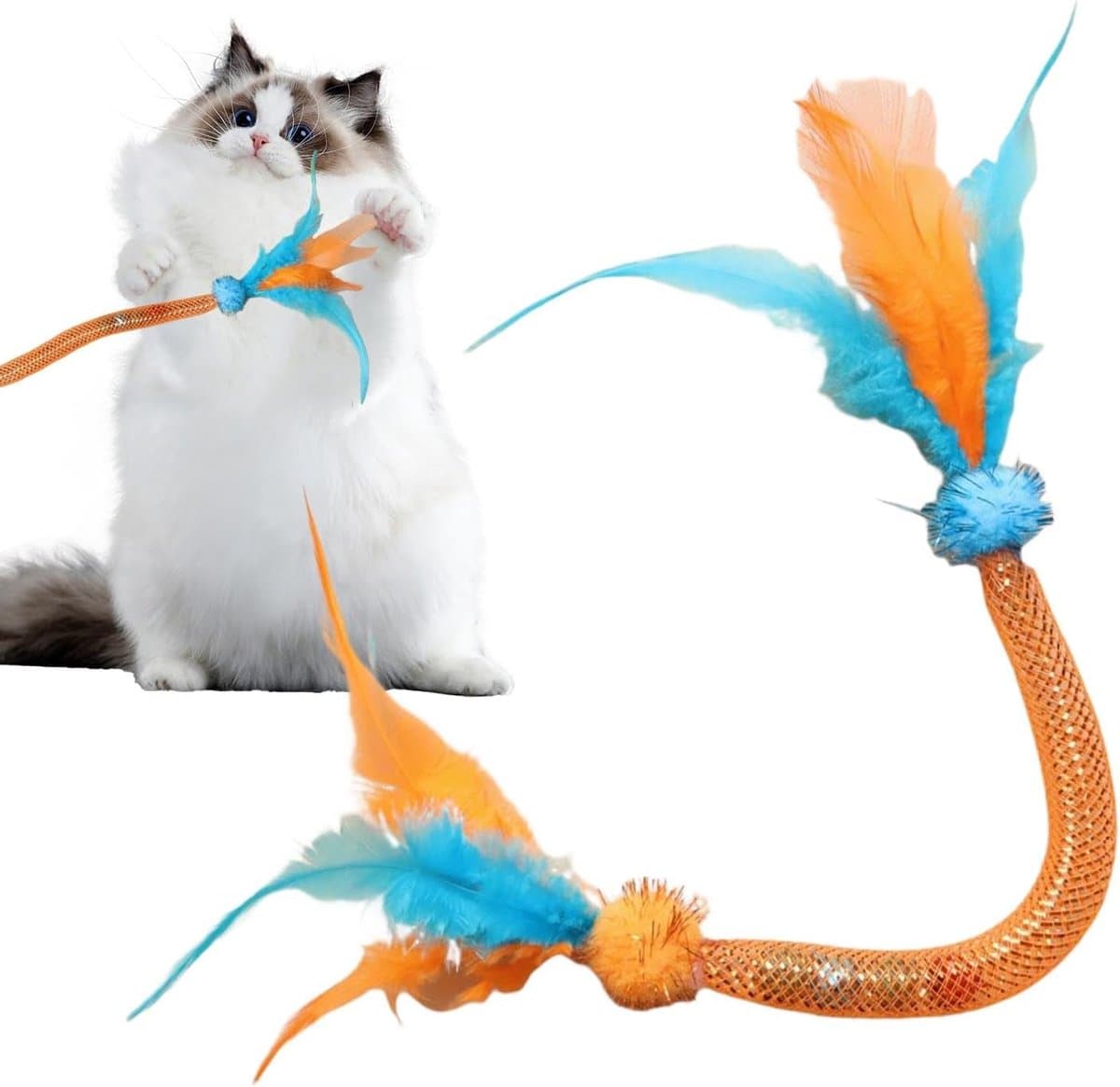 Kattenspeelgoed met veren, bijttouw voor kattenspeelgoed, veertouwspeelgoed met kat, teaser voor verveelde kittens, kleine en middelgrote kittens — afbeelding 1