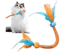 Kattenspeelgoed met veren, bijttouw voor kattenspeelgoed, veertouwspeelgoed met kat, teaser voor verveelde kittens, kleine en middelgrote kittens