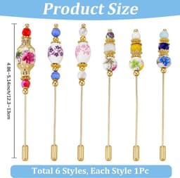 6 stuks porseleinen hoedspeldjes lange messing reversspeldjes 4,86 ~ 5,14 inch elegante lange steel hoed spelden met plant bloem westerse broche voor vrouwen decoratieve stropdas sjaal — thumbnail 2