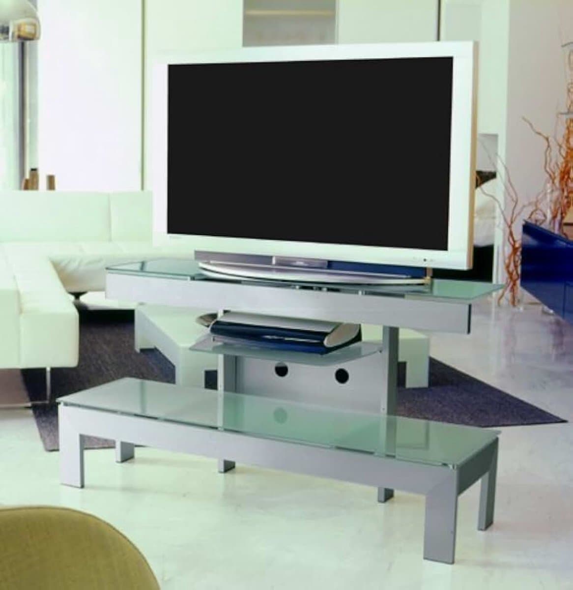 TV-kast met lade van gesatineerd aluminium met de hand geborsteld, tafelblad en legplank van gehard kristalglas, gezandstraald, techniek, Prisma 120C — afbeelding 1