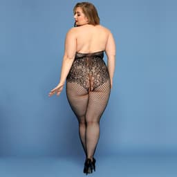 LekkerStout Plus Size Bodystocking - Zwart - Sexy Lingerie - Halter Visnet met Open Kruis - One Size XL-2XL | LS023 — thumbnail 3