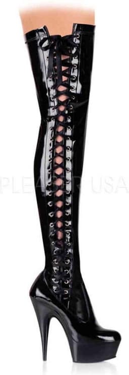 EU 39 = US 9 | DELIGHT-3050 | 6 Heel, 1 3/4 PF Thigh Boot w/Side Ribbon Lace, Side Zip — thumbnail 1