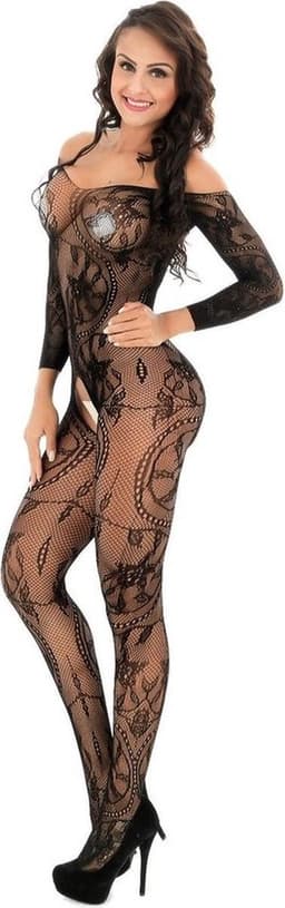 Luxe Erotische Bodysuit I Lingerie Set I Sexy Erotisch Ondergoed I Bloem Patroon I Open Kruis & Open Billen I One Size EU S/M I Zwart — thumbnail 2