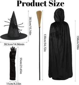 Sexy Heks Kostuum voor Vrouwen | Zwarte Mantel met Hoed, Handschoenen en Bezem | Perfect voor Halloween Cosplay en Feesten — thumbnail 2