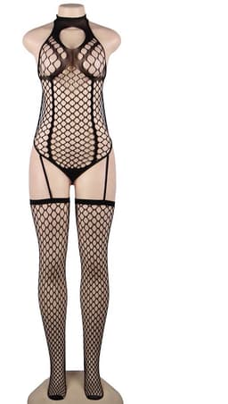 Sexy Lingerie - Erotische Fishnet Jumpsuit - Visnet Catsuit met blote rug - Transparant - Jarretel met Netkousen - Bodysuit - Bodystocking - Fishnet - PLUS SIZE - Sexy Teddy - Erotiek - kleur Zwart - Maat L-2XL — thumbnail 4