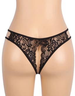 Zwarte Kanten String met Open Kruis – Black Lace Thong with Open Crotch - Sexy Erotische Dames Lingerie – Maat XXL — thumbnail 2