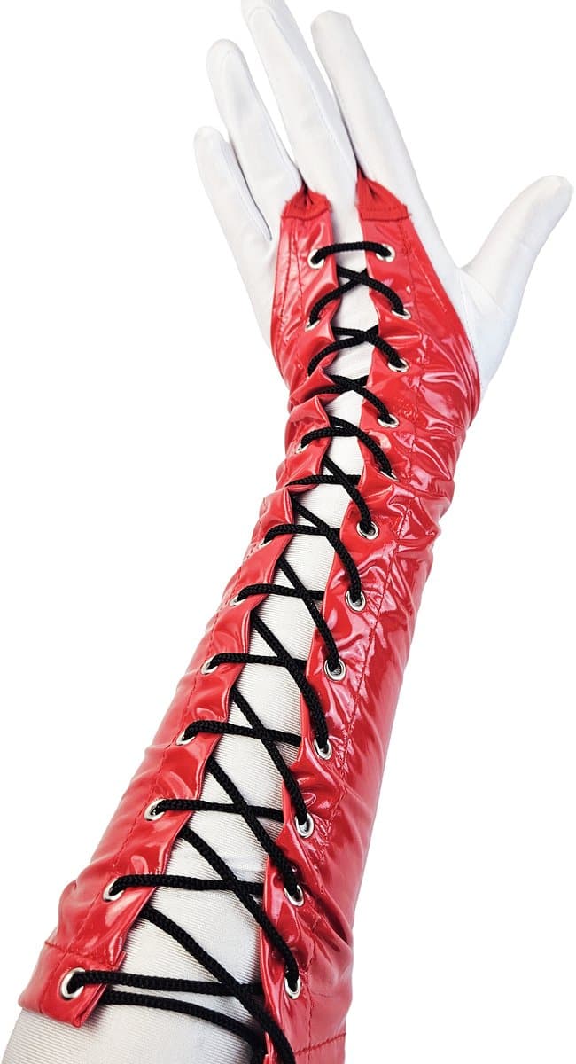 BamBella ® Handschoenen - Maat onesize - Datex (Mix latex en stof ) Sexy Rood Glans lak vetersluiting — afbeelding 1