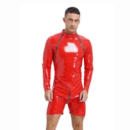 Glanzende Catsuit Heren - Lingerie - Latex Look - Imitiatie Leder - Leer - Rood — thumbnail 3