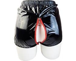 BamBella® Erotische Shorts - Maat L/XL - Wetlook korte broek Dames - Zwart Datex mix latex en stof Open kruis rits Sexy BDSM kleding