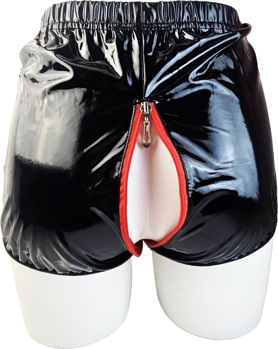 BamBella® Erotische Shorts - Maat L/XL - Wetlook korte broek Dames - Zwart Datex mix latex en stof Open kruis rits Sexy BDSM kleding — afbeelding 1