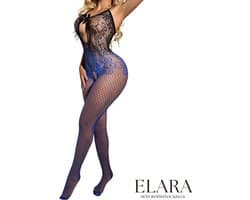 Elara - Aveline - Bodystocking Erotische Lingerie met Open Kruis - Catsuit - S t/m XL - Sexy Dames Lingerie - Zwart/Blauw