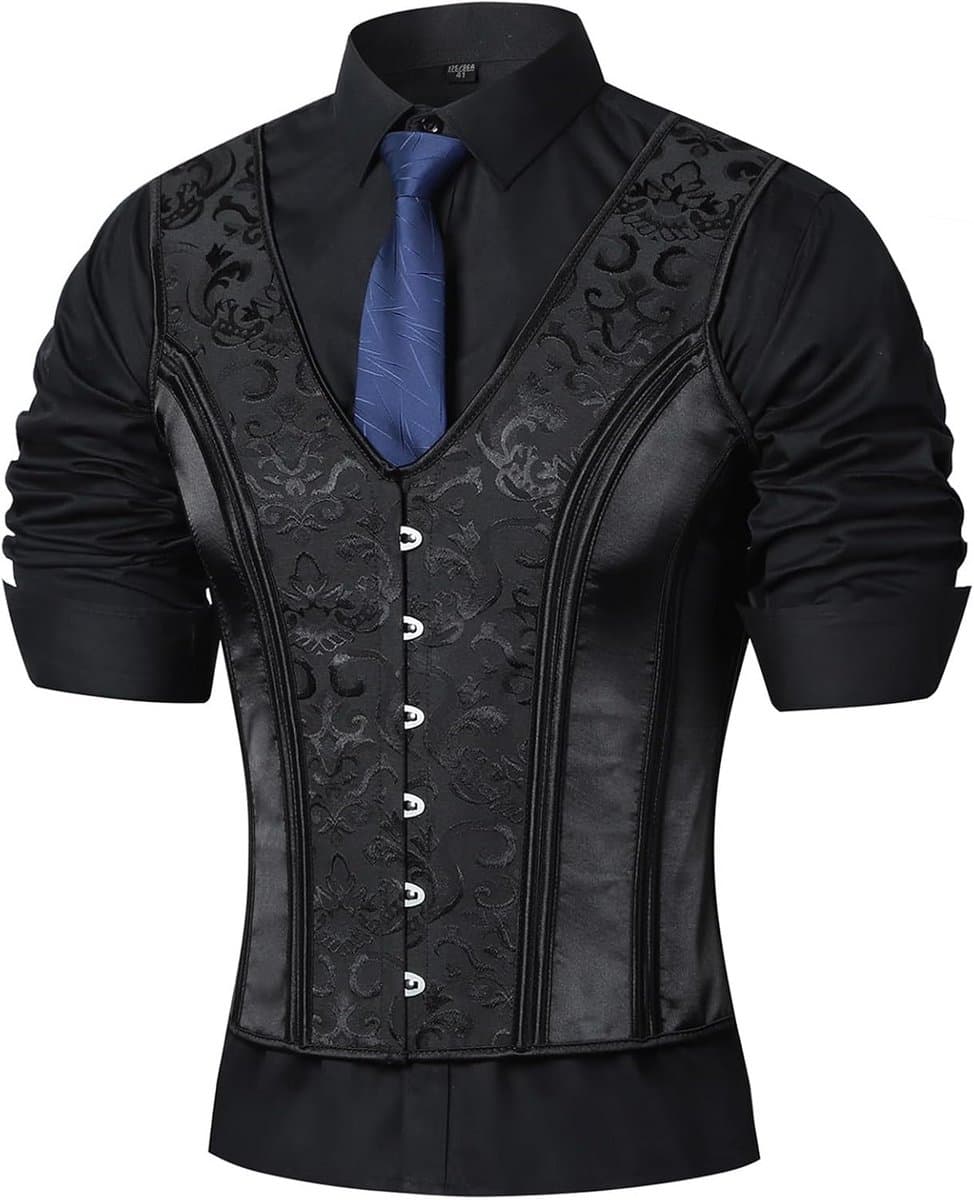 Formeel Heren Vest met Vintage Corset en Vetersluiting Zwart — afbeelding 1
