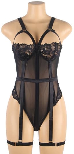 Sexy Lingerie - Luxe Erotische Body met kant - Half open cups - Strapless - Harnas - Shapewear - Jarretelbanden - Bondage look - Strappy Harness – Lingerie Top Teddy - Erotiek - Uitdagend - Valentijnsdag Cadeau Voor Hem & Haar - Zwart - Maat XS-S — thumbnail 11