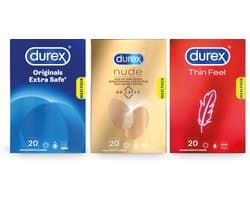 Durex - 60 stuks Condooms - Extra Safe 1x20 stuks - Nude No Latex 1x20 stuks - Thin Feel 1x20 stuks - Voordeelverpakking