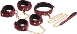 6-delige Velvet Burgundy Bondage Set met Cuffs, Collar en Belt — thumbnail 5