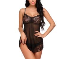 Erotische 2-Delige Lingerieset I Nachtjapon & Slipje I Sexy Kanten Lingerie Set I Maat M I Zwart