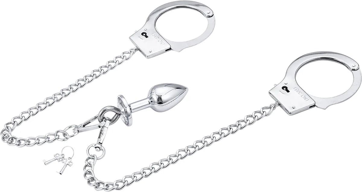 RVS Handboeien met buttplug - Sleutel en Slot - BDSM - Ketting - Zilver — afbeelding 1