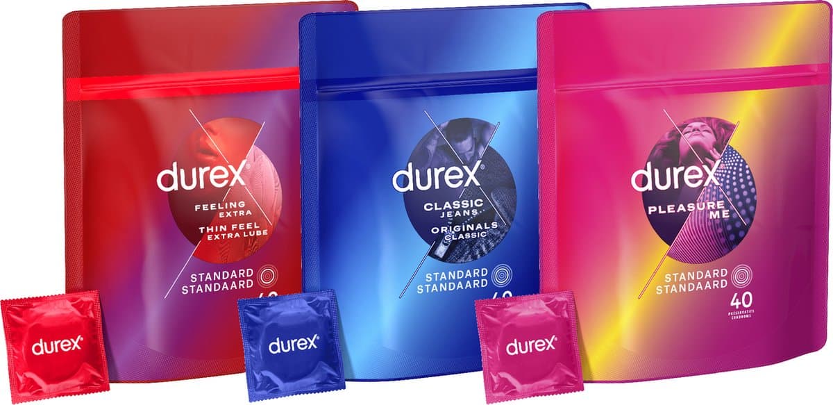 Durex - 120 condooms - Feeling Extra - Classic Jeans - Pleasure me - Voordeelverpakking — afbeelding 1