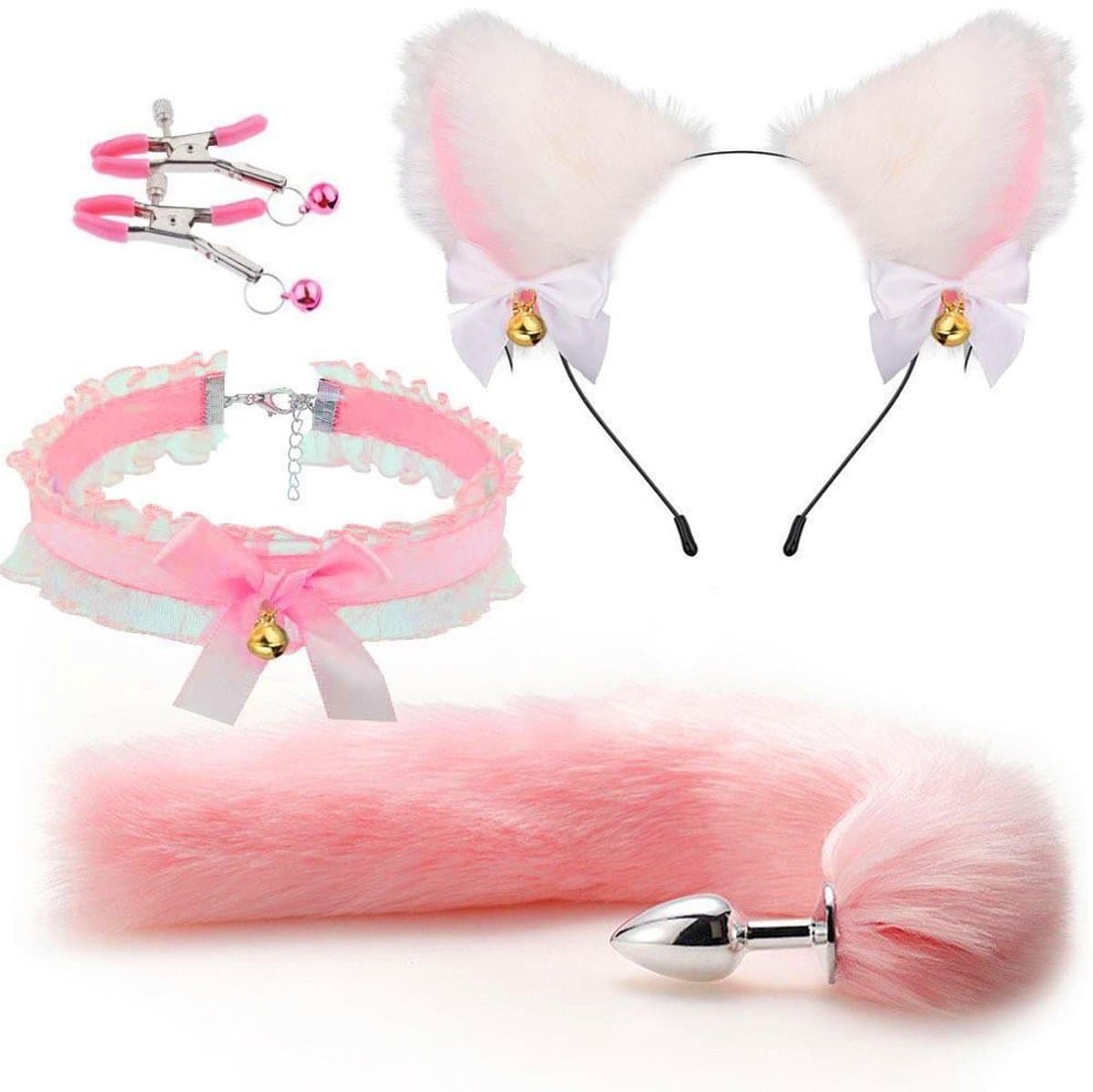 Oneay BDSM Speelgoedset – Anaalplug met Vossenstaart, Halsband, Tepelklemmen & Kattenoortjes – Rollenspel Set voor Beginners (Vrouwen) - Roze — afbeelding 1