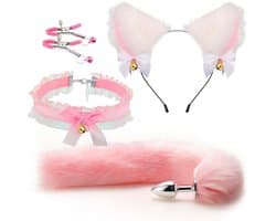 Oneay BDSM Speelgoedset – Anaalplug met Vossenstaart, Halsband, Tepelklemmen & Kattenoortjes – Rollenspel Set voor Beginners (Vrouwen) - Roze