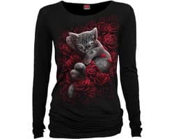 Zwart Lang T-Shirt met Kattenprint op Rozen voor Goth & Rock Stijl