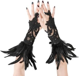 Lange kanten handschoenen - Vingerloze handschoenen - Feestelijke gelegenheden - Met veren versierd - One size fits most - Zwart — thumbnail 1