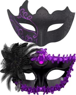 Set van 2 Venetiaanse maskers voor mannen en vrouwen – Voor Halloween, carnaval, feesten – Zwart en paars — thumbnail 1