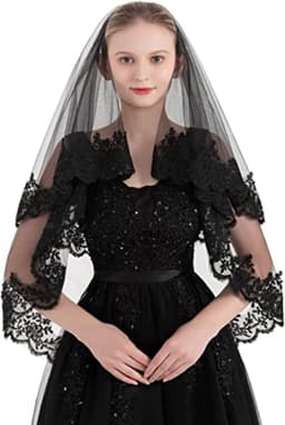 Black Lace Veil Halloween Veil Vintage Grave Veil Halloween Wedding 2 Tier with Comb for Costume Cosplay Day Of The - ShopVlot — thumbnail 5