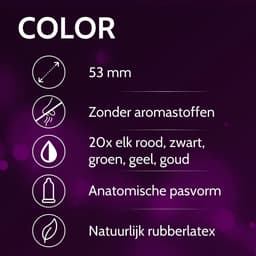 VIBRATISSIMO Color condooms 53mm 100-pack & glijmiddelset | gevoelsecht & extra vochtig | for Men | in hersluitbaar zakje | Gekleurd in rood, Zwart, Groen, Geel, Goud — thumbnail 2