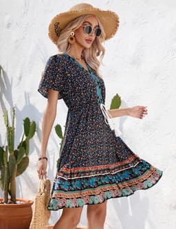 Boho Zomerjurk voor Dames – Korte Mouwen, V-hals, Bloemenprint – Elegante Mini-jurk voor Strand en Vrije Tijd — thumbnail 6