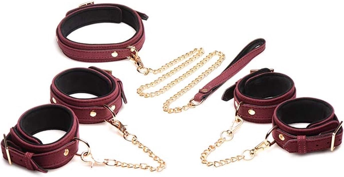 6-delige Velvet Burgundy Bondage Set met Cuffs, Collar en Belt — afbeelding 1